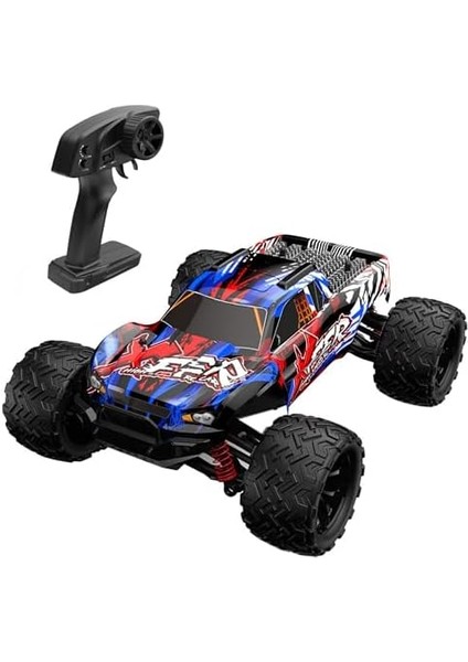 Oyuncak 40 Km Hız Yapan 2.4 Ghz Uzaktan Kumandalı Şarjlı 4x4 Full Fonksiyon Arazi Aracı Offroad Araba Işıklı Süspansiyonlu Yüksek Teker Mavi-Kırmızı ve Turuncu-Mavi) (Kırmızı-Mavi)
