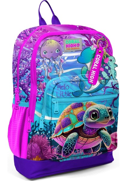 Dört Bölmeli Pembe Mor Kaplumbağa Desenli Ilkokul Sırt Çantası - Kız Çocuk