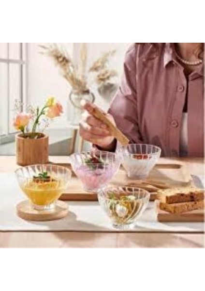 Cam Kase Seti – Çizgili Desenli, 6’lı Servis ve Tatlı Kasesi, Salata, Meze, Çerez ve Dondurma Için Şık Sofra Gereci