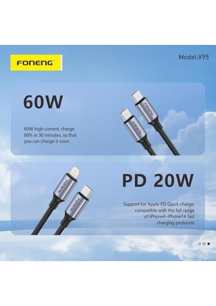 Foneng X95 Hızlı Şarj Özellikli Type-C To Lightning Kablo 20W, 1.2 Metre, Siyah