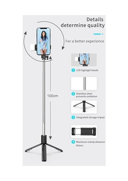 Işıklı Bluetooth Selfie Çubuğu - Uzaktan Kumandalı, Taşınabilir, Uzatılabilir, Tüm Telefonlarla Uyumlu, Vlog ve Video Çekimi Için Ideal fiyatları