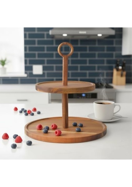 Doğal Akasya Ağacından Ahşap 2 Katlı Kurabiyelik ve Servis Tabağı | Sunum Standı | Çap: 18 Cm, Yükseklik: 25 cm | Doğal ve Şık