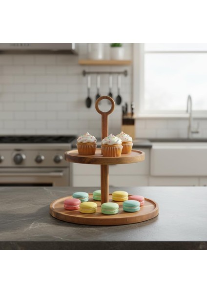 Doğal Akasya Ağacından Ahşap 2 Katlı Kurabiyelik ve Servis Tabağı | Sunum Standı | Çap: 18 Cm, Yükseklik: 25 cm | Doğal ve Şık fiyatları