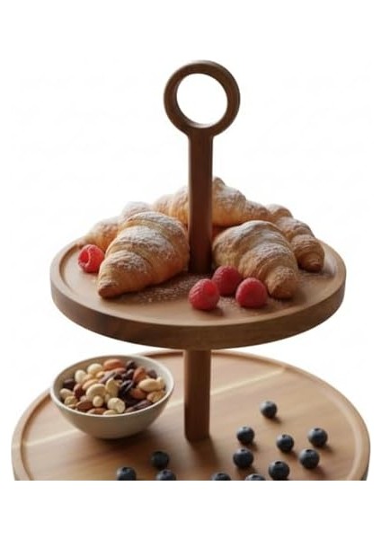 Doğal Akasya Ağacından Ahşap 2 Katlı Kurabiyelik ve Servis Tabağı | Sunum Standı | Çap: 18 Cm, Yükseklik: 25 cm | Doğal ve Şık modelleri