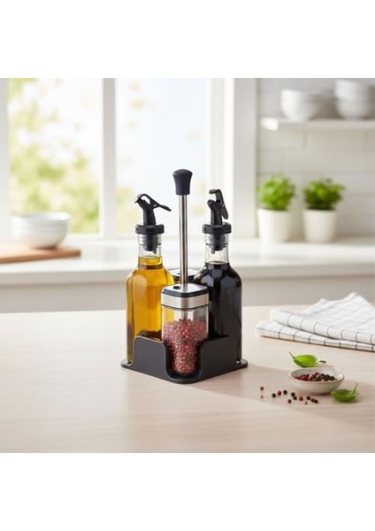 Dörtlü Baharatlık ve Yağlık Sirkelik Seti | Stantlı Tuzluk, Karabiberlik, Zeytinyağlık ve Sirkelik Takımı | Masaüstü Mutfak Seti 2 Adet 200 ml Yağlık, 2 Adet 100 ml Tuzluk Karabiberlik modelleri