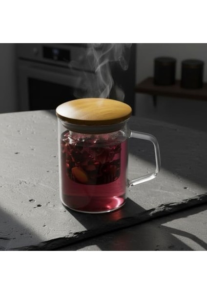 Bambu Kapaklı Cam Süzgeçli Kupa 350 ml | Bitki Çayı, Demleme Çay ve Kahve Kupası | Borosilikat Dayanıklı Cam | Düz Model
