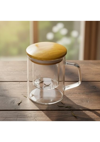Bambu Kapaklı Cam Süzgeçli Kupa 350 ml | Bitki Çayı, Demleme Çay ve Kahve Kupası | Borosilikat Dayanıklı Cam | Düz Model fiyatları
