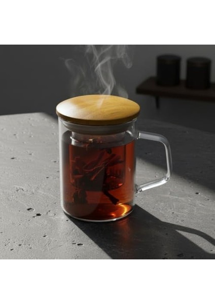 Bambu Kapaklı Cam Süzgeçli Kupa 350 ml | Bitki Çayı, Demleme Çay ve Kahve Kupası | Borosilikat Dayanıklı Cam | Düz Model modelleri
