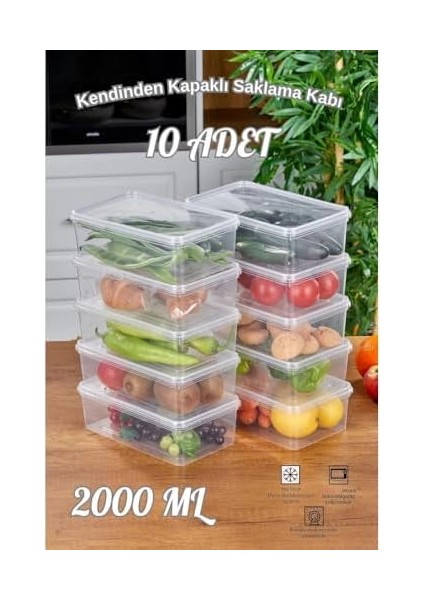 - 10&apos;lu Set Yandan Açılır Kapaklı Saklama Kabı, 10 Adet 2000ML Dikdörtgen Şeffaf Kendinden Kapaklı Saklama Kabı, Bpa Içermez, Buzdolabı, Dondurucu ve Dolap Organizeri