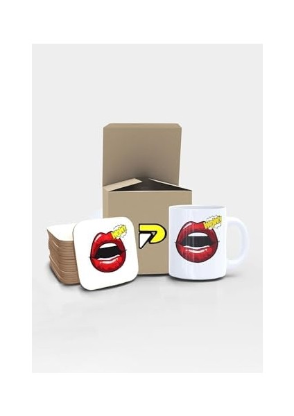Dudak Wow Popart Tasarımlı Baskılı Kupa Bardak Seti, Eğlenceli Özel Hediye Mug