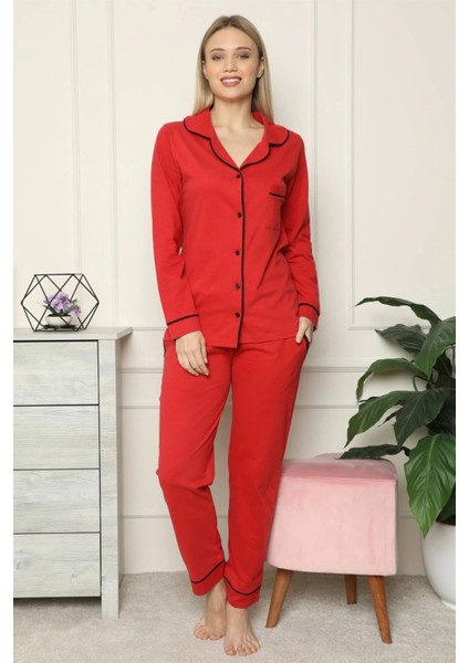 Moda Kadın %100 Pamuk Penye Önden Düğmeli Uzun Kol Pijama Takım Kırmızı
