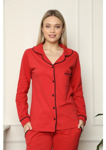 Moda Kadın %100 Pamuk Penye Önden Düğmeli Uzun Kol Pijama Takım Kırmızı fiyatları