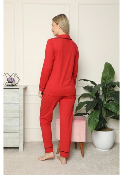 Moda Kadın %100 Pamuk Penye Önden Düğmeli Uzun Kol Pijama Takım Kırmızı fırsatları