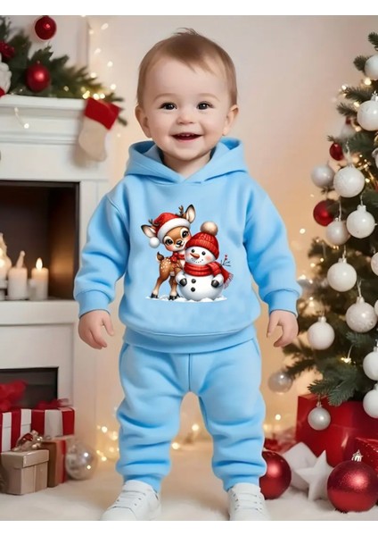 Özel Tasarım Kapüşonlu Minik Geyik ve Kardan Adamı Baskılı %100 Pamuk Kışlık Erkek Çocuk Noel Eşofman Takımı