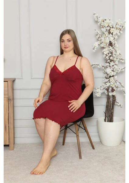 Moda Kadın Pamuklu Ip Askılı Büyük Beden Gecelik Bordo fiyatları
