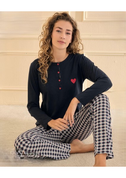 Lacivert Pamuklu Penye Süprem Patlı Pijama Takım 90757