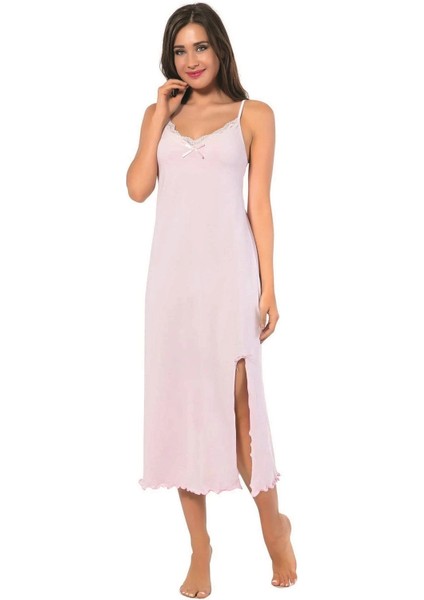 Moda Bayan Ip Askılı Uzun Gecelik Pembe