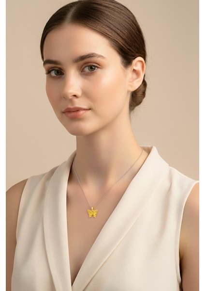 Mmif Kelebek Desenli Kolye Ucu Altın Renkli ve Gümüş Kaplama Kolye 46CM Kadın