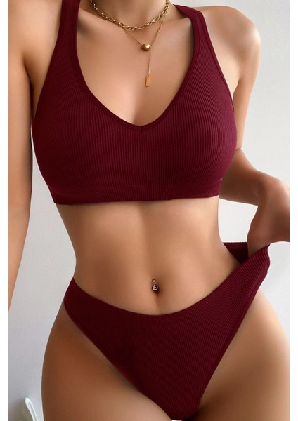 Kadın Bordo Desteksiz Seamless Tangalı İç Çamaşır Takımı