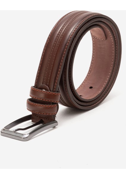 Hakiki Deri 3.5 cm Dikişli Erkek Klasik Kemer 517 Kahverengi