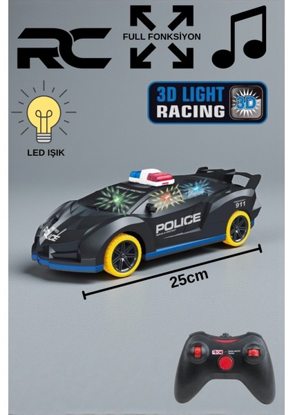 Uzaktan Kumandalı Full Fonksiyon Şarjlı Sesli Işıklı Oyuncak Spor Polis Arabası 25CM