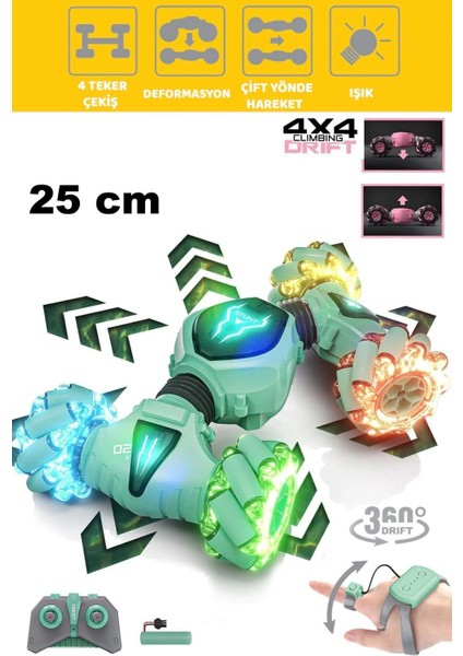 Şarjlı El Sensörlü Akrobat Araba 25CM - Bilekten Kontrollü Uzaktan Kumandalı Full Fonksiyon Araba