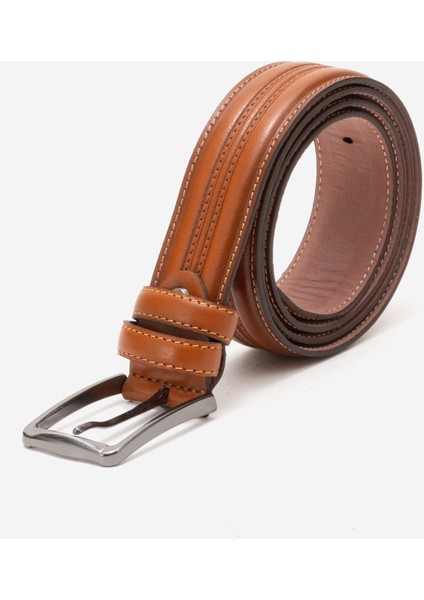 Hakiki Deri 3.5 cm Dikişli Erkek Klasik Kemer 517 Taba