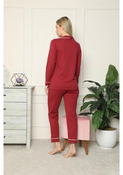 Moda Kadın %100 Pamuk Penye Önden Düğmeli Uzun Kol Pijama Takım Bordo fırsatları