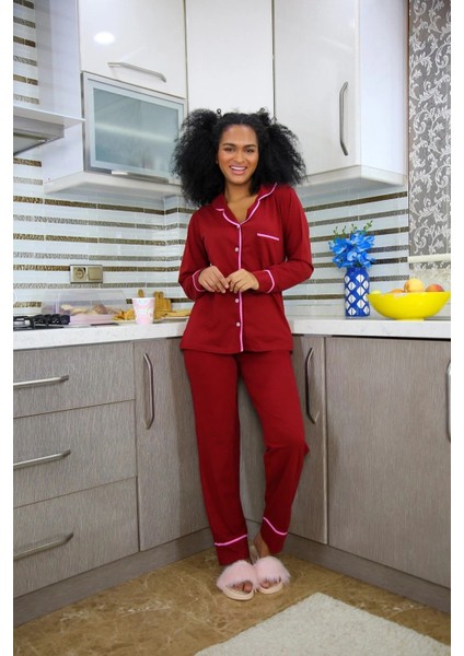 Moda Kadın %100 Pamuk Penye Önden Düğmeli Uzun Kol Pijama Takım Bordo indirimleri