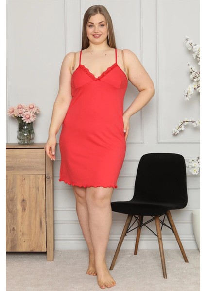 Moda Kadın Pamuklu Ip Askılı Büyük Beden Gecelik Kırmızı