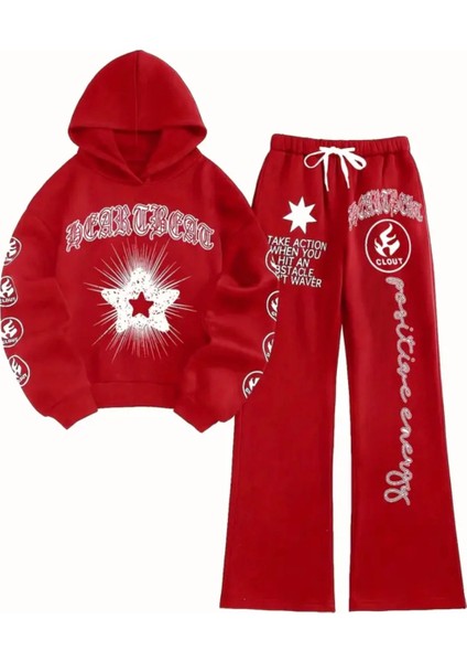 Özel Tasarım Kapüşonlu Yıldız Graffiti Baskılı %100 Pamuk Ispanyol Paça Kışlık Kız Çocuk Eşofman Takımı