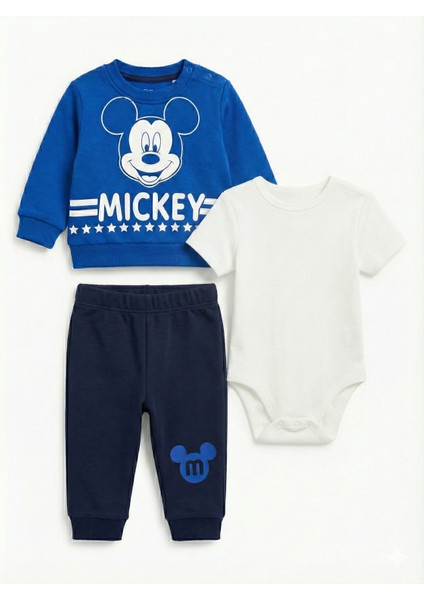 Mickey Mouse Desenli Zıbınlı 3 Parça Erkek Bebek Takım 3-6 Ay
