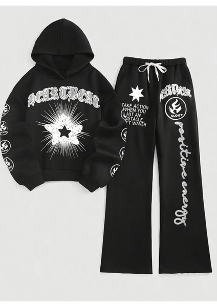 Özel Tasarım Kapüşonlu Yıldız Graffiti Baskılı %100 Pamuk Ispanyol Paça Kışlık Kız Çocuk Eşofman Takımı
