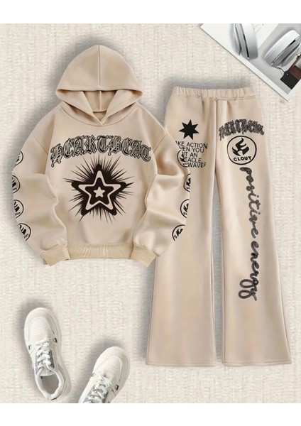 Özel Tasarım Kapüşonlu Yıldız Graffiti Baskılı %100 Pamuk Ispanyol Paça Kışlık Kız Çocuk Eşofman Takımı