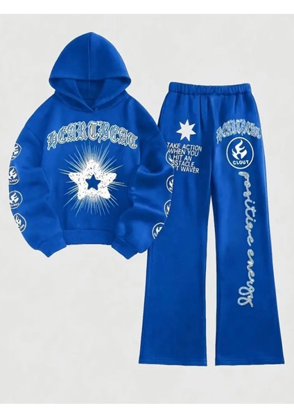 Özel Tasarım Kapüşonlu Yıldız Graffiti Baskılı %100 Pamuk Ispanyol Paça Kışlık Kız Çocuk Eşofman Takımı