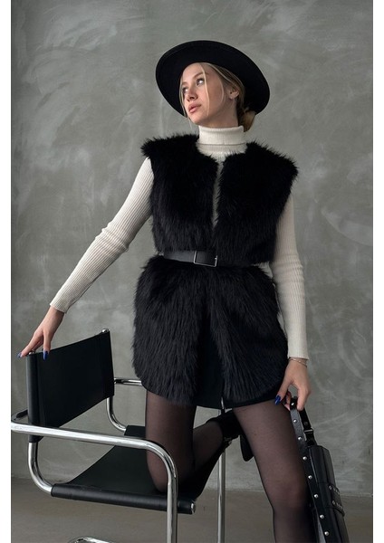 Suni Kürk Kürklü Kolsuz Yelek