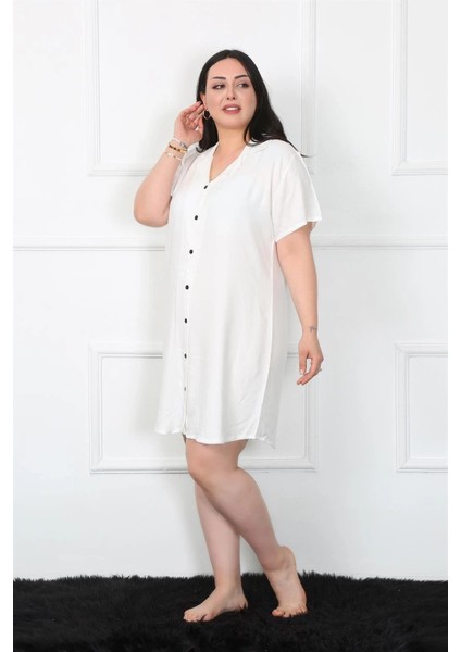 Moda Büyük Beden Dokuma Düğmeli Beyaz Tunik Gecelik