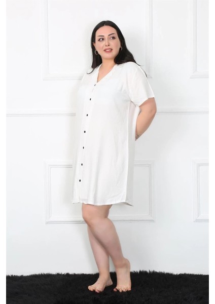 Moda Büyük Beden Dokuma Düğmeli Beyaz Tunik Gecelik modelleri