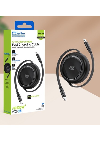 ACK-118 - 1 Metre Uzunluğunda Pd 100W 3A Geri Çekilebilir Ultra Hızlı Şarj Kablosu