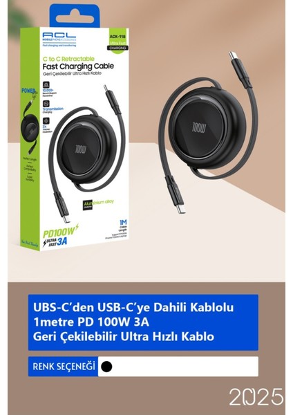 ACK-118 - 1 Metre Uzunluğunda Pd 100W 3A Geri Çekilebilir Ultra Hızlı Şarj Kablosu fiyatları
