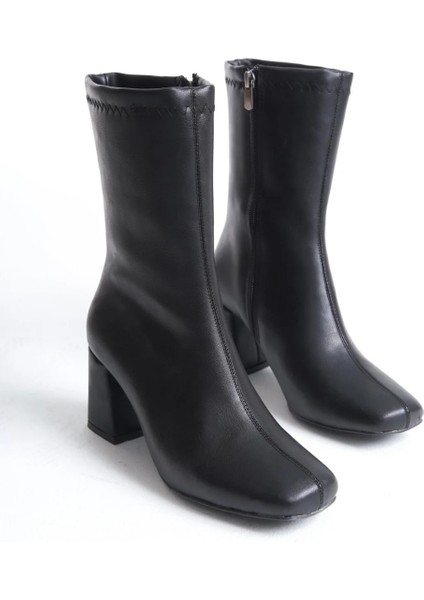 Siyah Kadın Küt Burun Topuklu Bot Orta Bot Yandan Fermuarlı