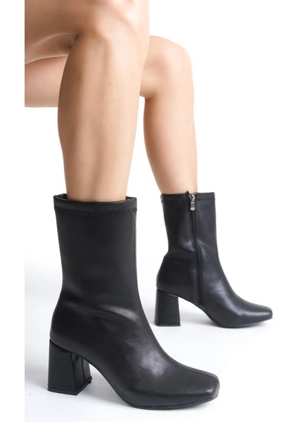 Siyah Kadın Küt Burun Topuklu Bot Orta Bot Yandan Fermuarlı indirimleri