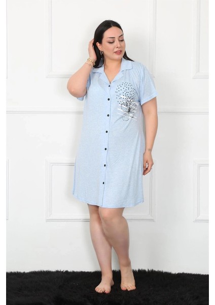 Moda Büyük Beden Penye Düğmeli Mavi Tunik Gecelik fiyatları