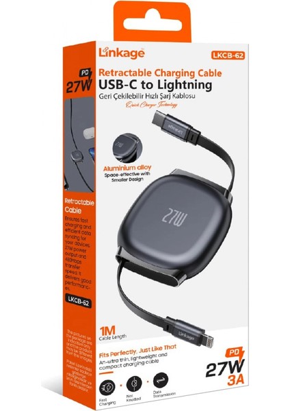 Lkcb-62 Pd 27W 3A, 1metre Usb-C’den Lightning’e Geri Çekilebilir Şarj Kablosu fiyatları