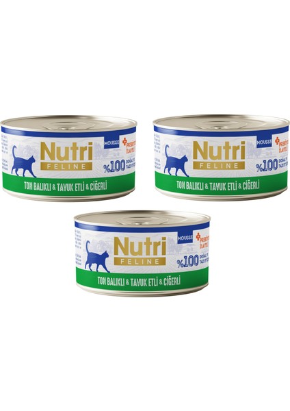 Ton Balıklı, Tavuk ve Ciğerli Mousse Tahılsız Yetişkin Kedi Konservesi 70 Gr. x 3 Adet