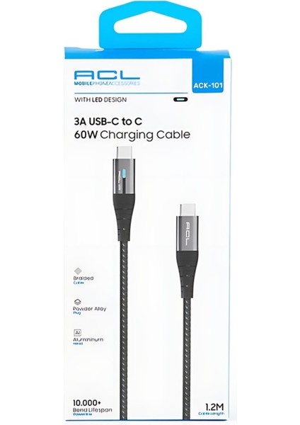 ACK-101 Pd USB Type-C 60W 3A 1.2mt Işıklı Şarj Kablosu