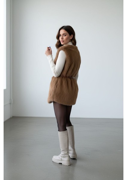 Suni Kürk Kürklü Kolsuz Yelek