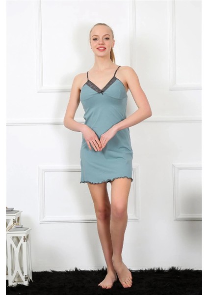 Moda Kadın Ip Askılı Su Yeşili Penye Gecelik