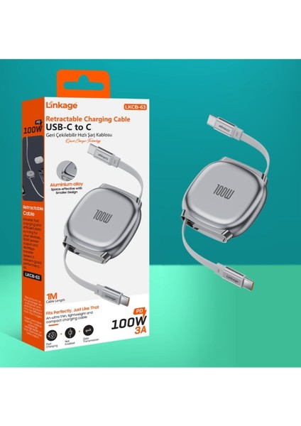 Lkcb-63 Pd 100W 3A, 1metre Usb-C’den C’ye Geri Çekilebilir Şarj Kablosu