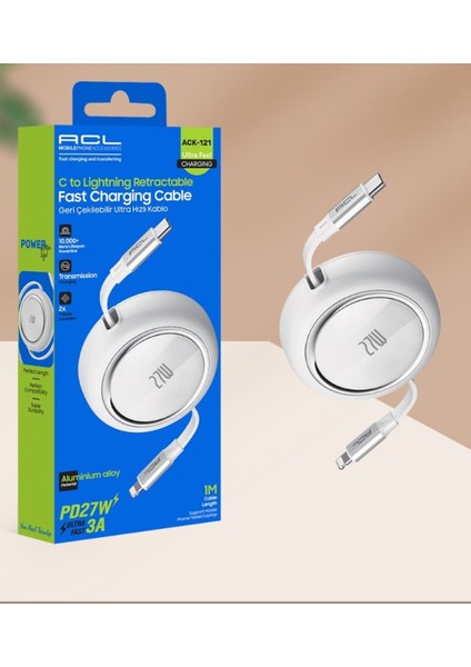 ACK-121 - 1 Metre Uzunluğunda Pd 27W 3A Geri Çekilebilir Ultra Hızlı Şarj Kablosu